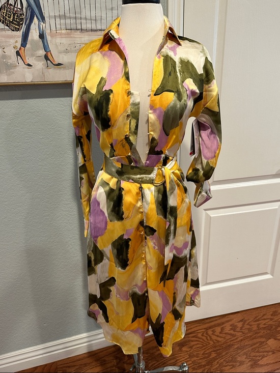 French Connection Dresses & Skirts - French Connection Sz XS Yellow, Olive & Lilac Abstract Button-Front Dress • NWT!